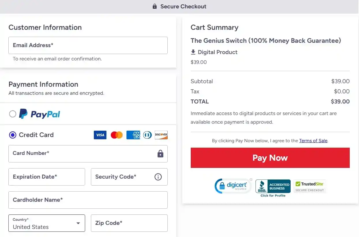 The Genius Switch secure checkout page